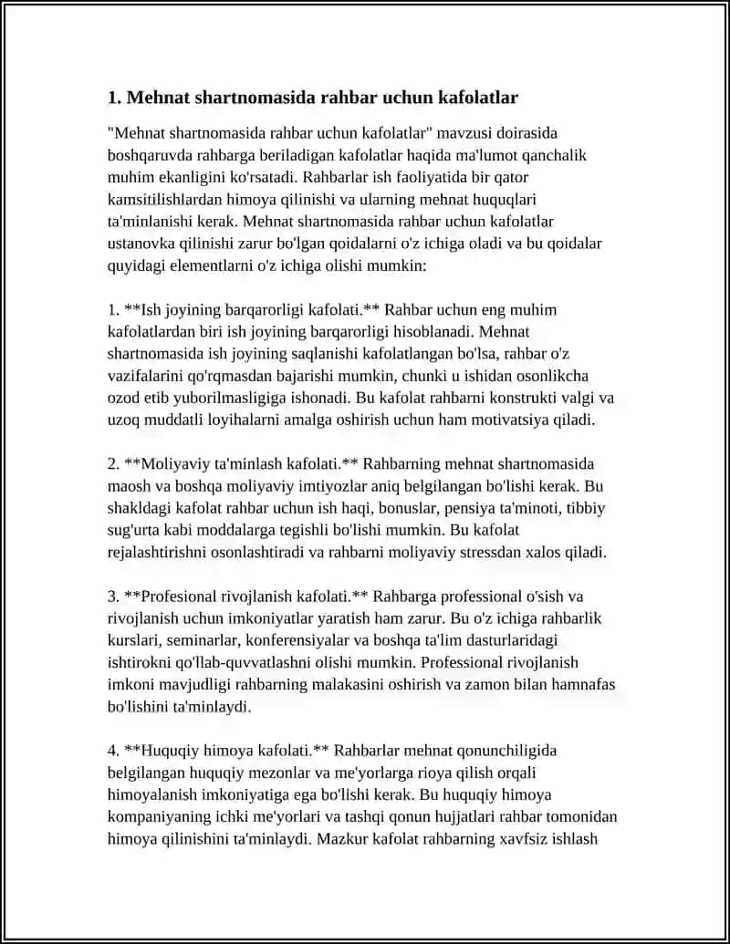 Mehnat shartnomasida rahbar uchun kafolatlar 3