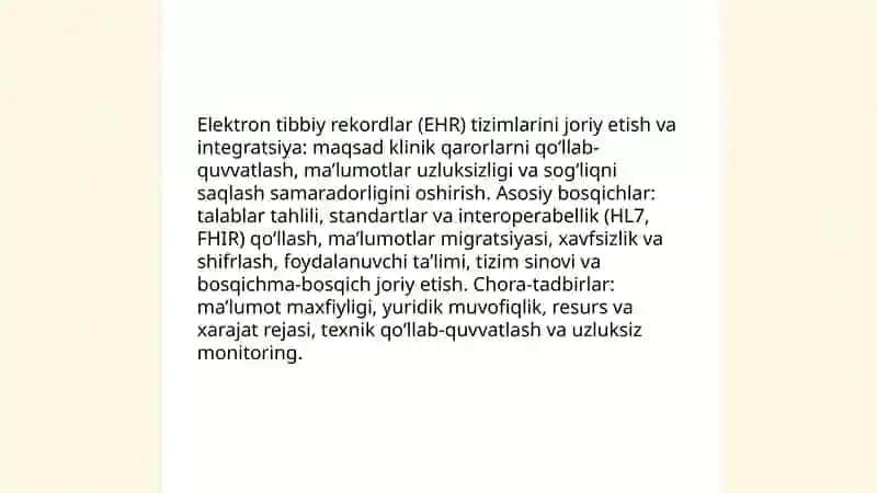 Elektron tibbiy rekordlar (EHR) tizimlarini joriy etish va integratsiya 3