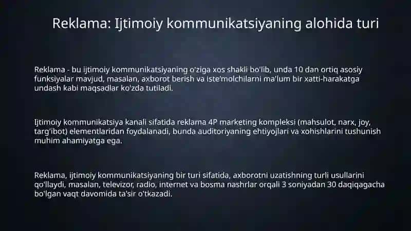 Reklama- ijtimoiy kommunikatsiyaning alohida turi sifatida. Reklama tili 3