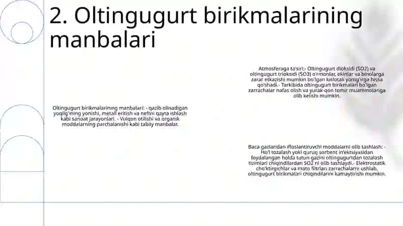 Atmosfera Havosini Oltingugur Birikmalari Zarrachalaridan Tozalash 3