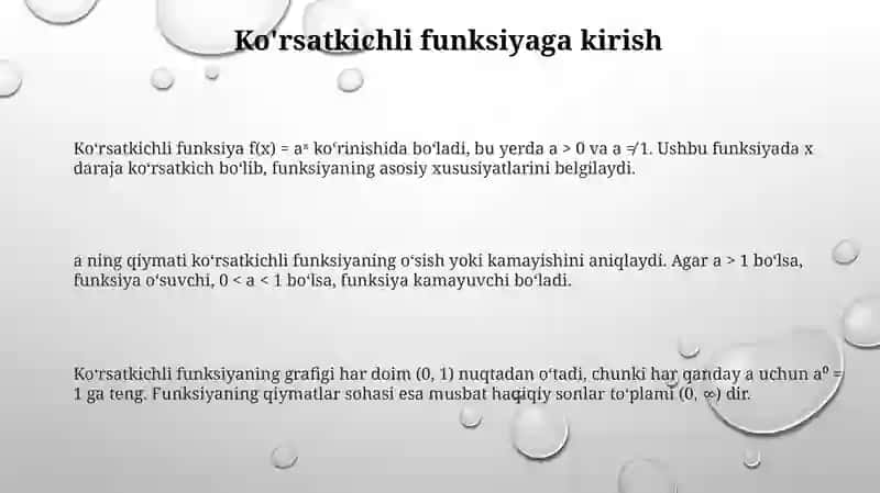 Ko‘rsatkichli, logarifmik, darajali funksiyalar va ularning xossalari 3