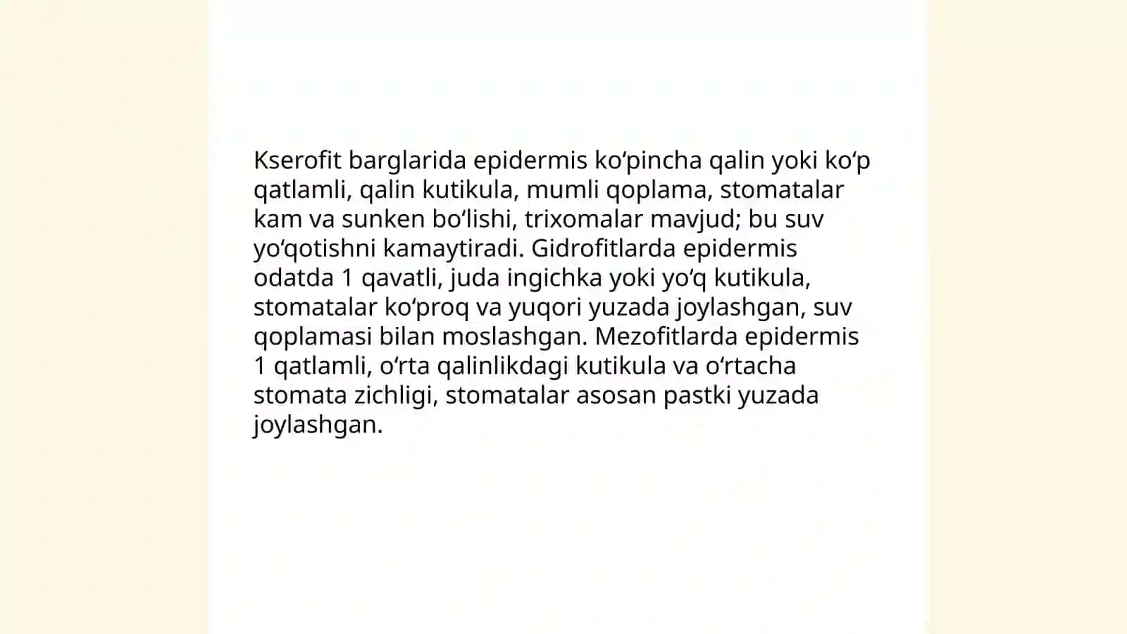 Turli yashash muhitidagi kserofit gidrofit mezofit barglarining tuzilishini solishtirish 3