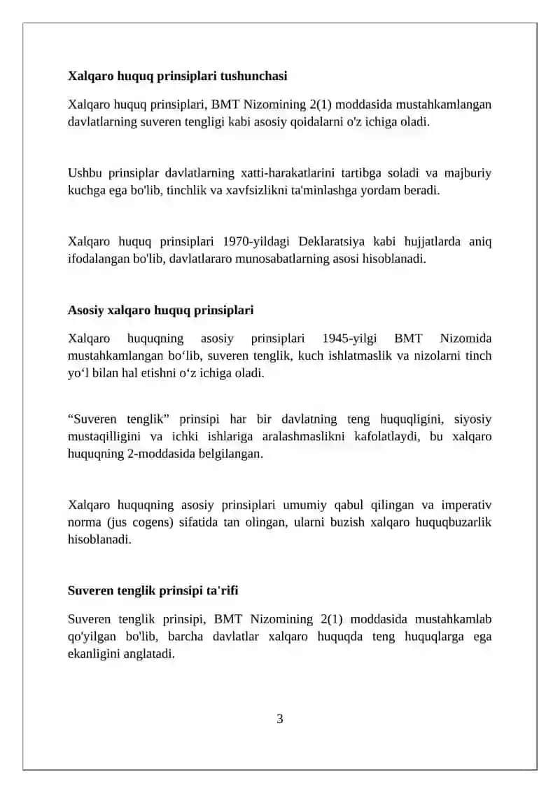 Xalqaro xuquq prinsiplari tushunchasi. Davlatlarning suveren tengligi prinsipi 3