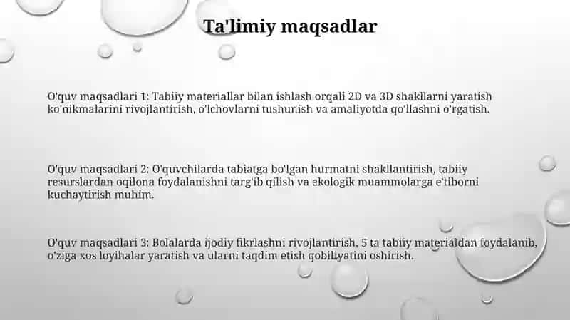 Tabiiy materiallar bilan ishlash darslarning mazmuni 3