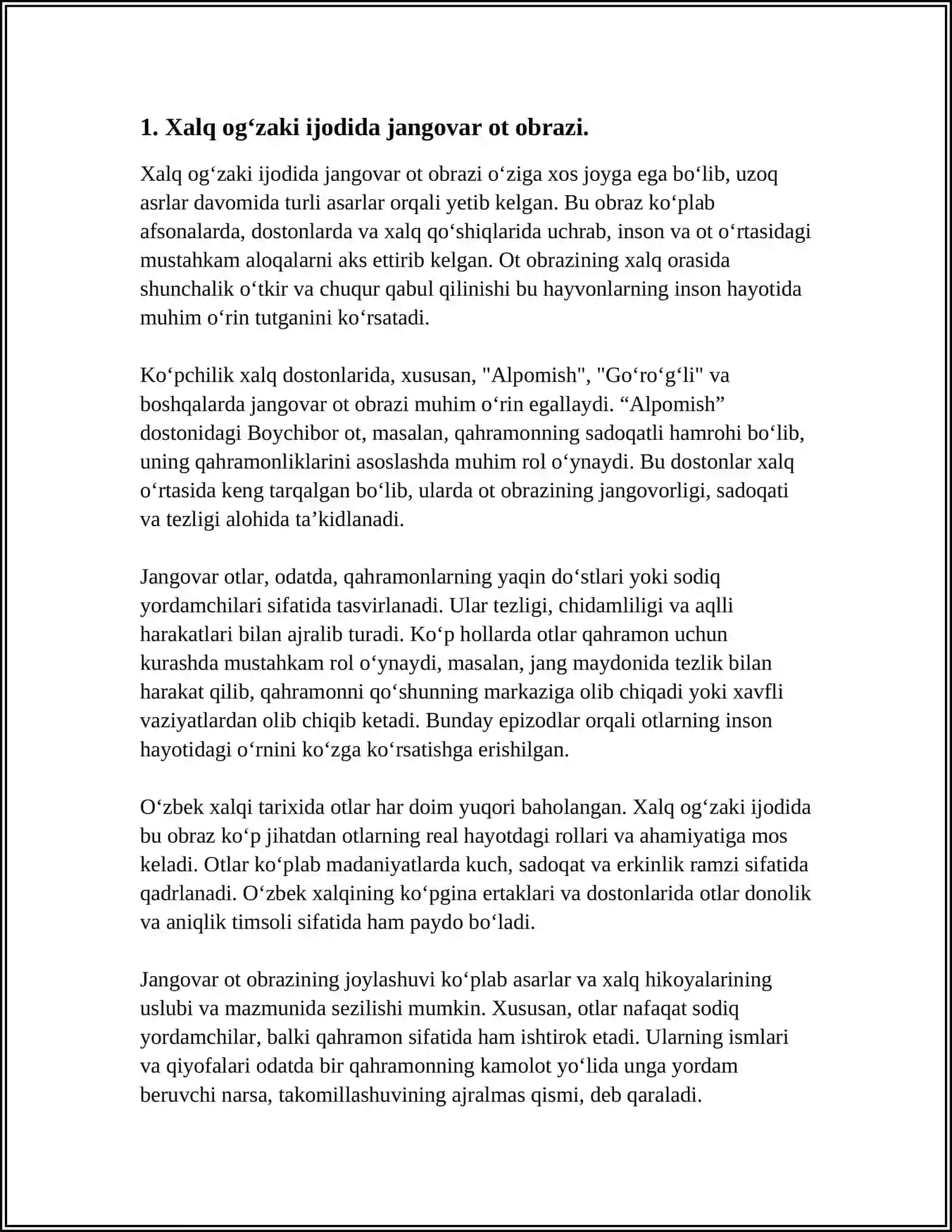 XALQ OG‘ZAKI IJODI XALQ QADRIYATLARINING TARKIBIY QISMI SIFATIDA JANGOVAR OT OBRAZINING TARIXIY ASOSLARI VA BADIIY TALQINI. ERTAKLARDA QO‘SHALOQLASHTIRISH USULI 3
