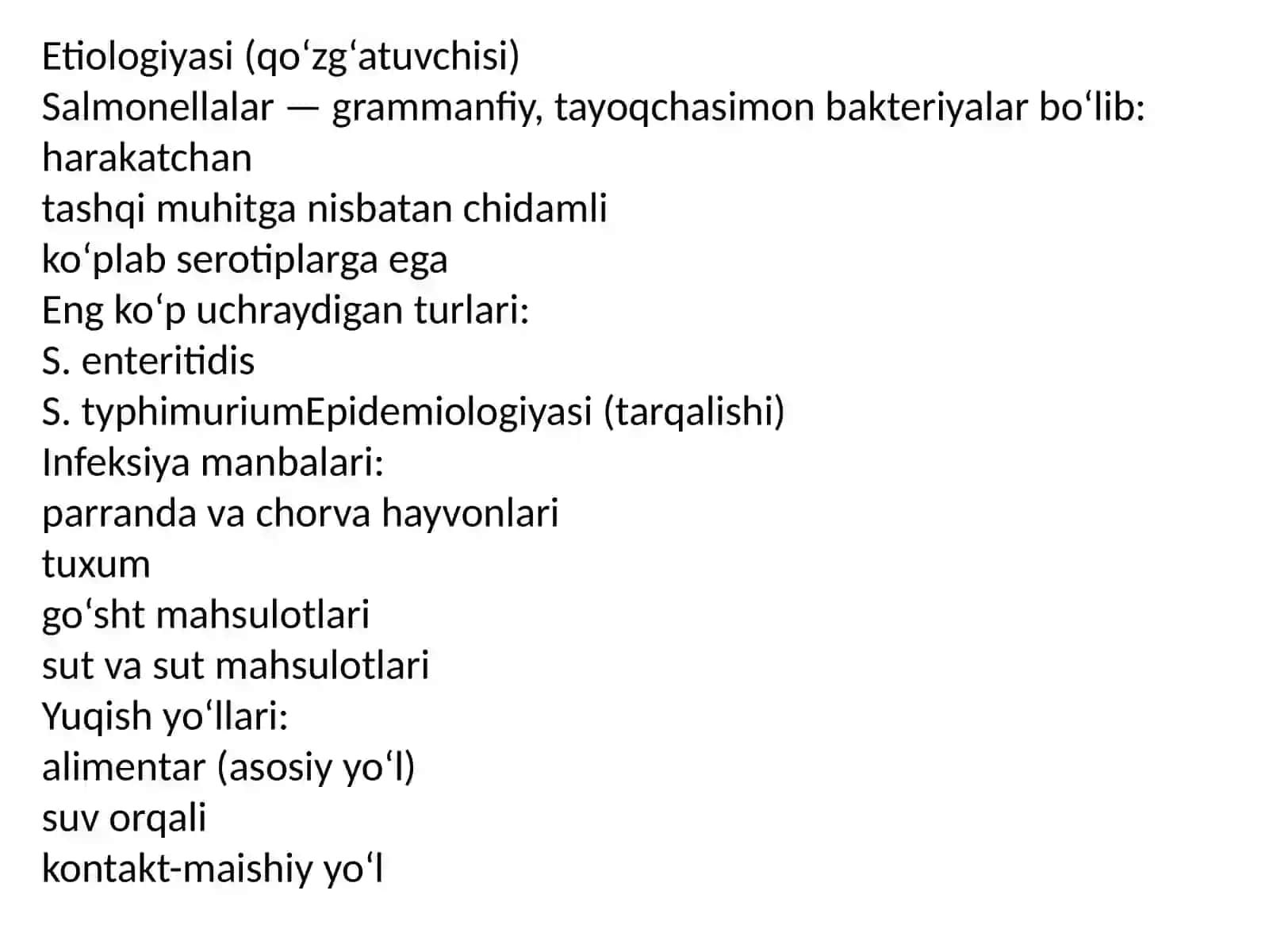 Oziq-ovqatdan zaharlanish yuqumli kasalliklari va ovqatdan zaharlanishlar. Salmonellyoz, botulizm, protey, stafilokokk va boshqa zaxarlanishlar, laboratoriya tashhisi 3
