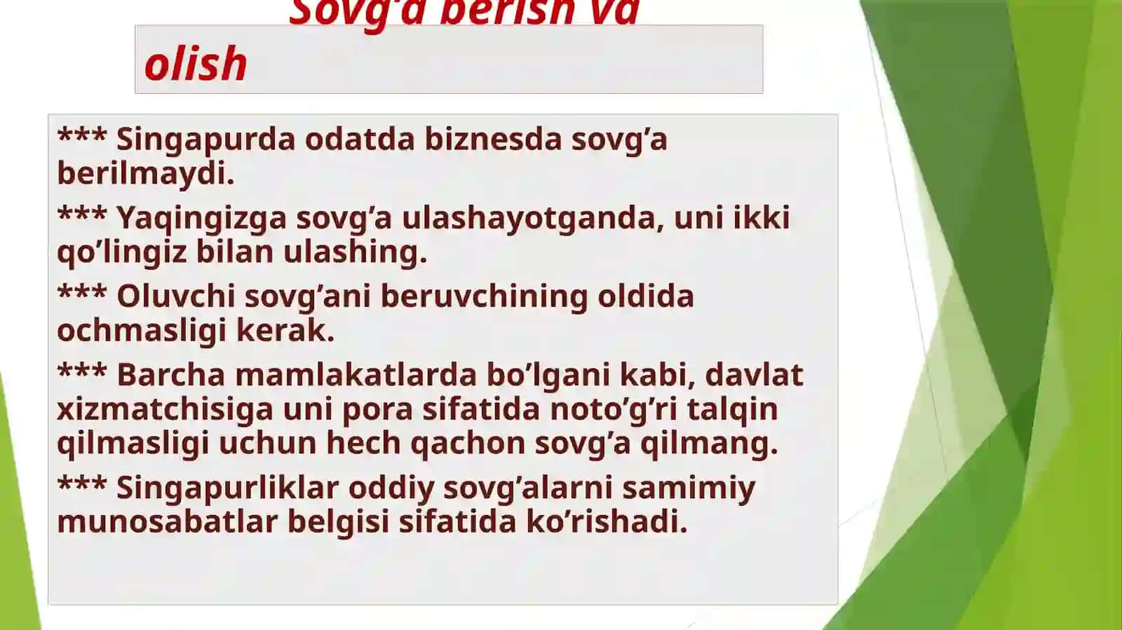 SHARQ MAMLAKATLARI ETIKETI: SINGAPUR MISOLIDA 3