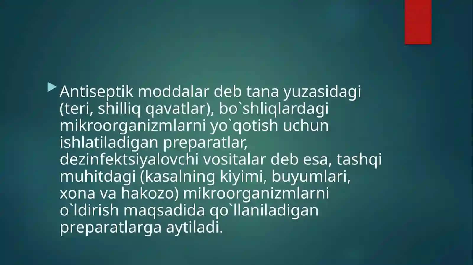 Xususiy farmakologiya.Mik-roblarga qarshi vositalar.Antiseptikvadezinfeksiyalovchivositalar 3