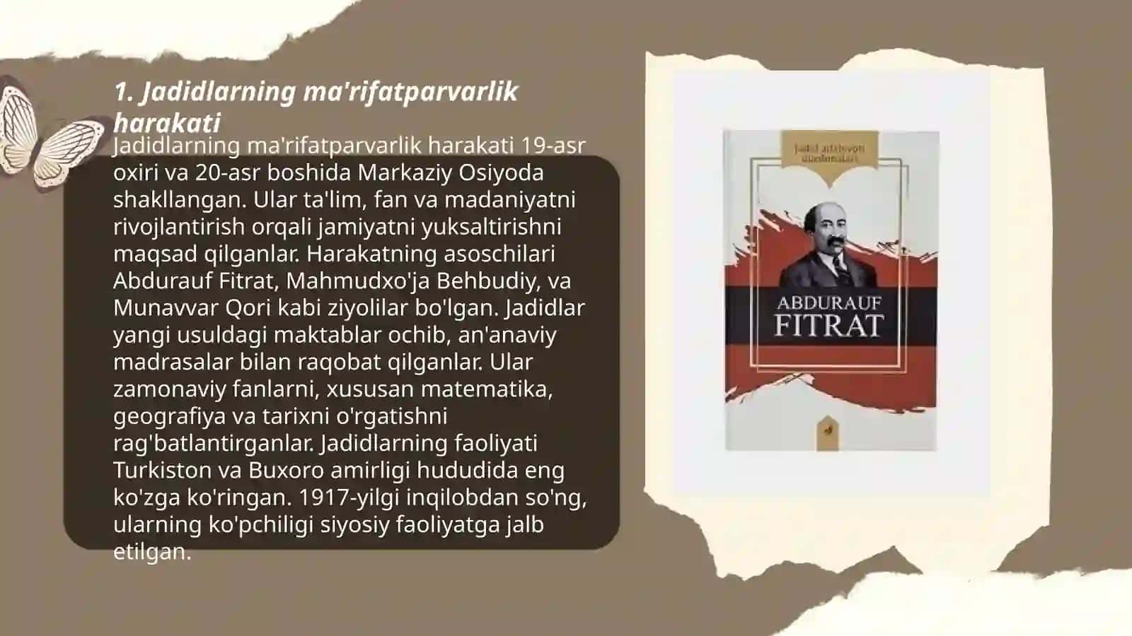 JADID MAʼRIFATPARVARLARINING OʻLKA IJTIMOIY-MAʼNAVIY HAYOTIDA TUTGAN OʻRNI (Munavvar Qori, Fitrat, Behbudiy va boshqalar) 3