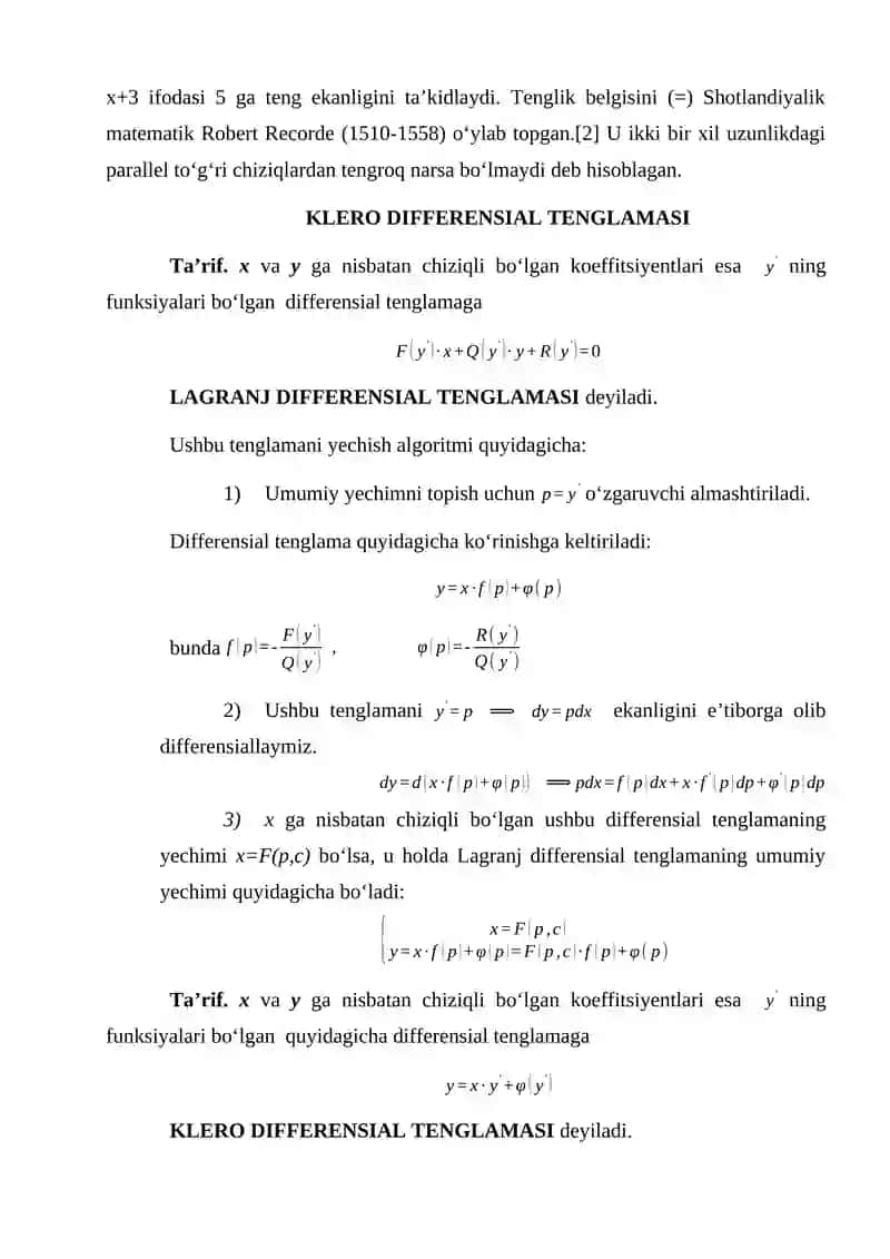 Birinchi tartibli differensial tenglamaning maxsus yechimi 3