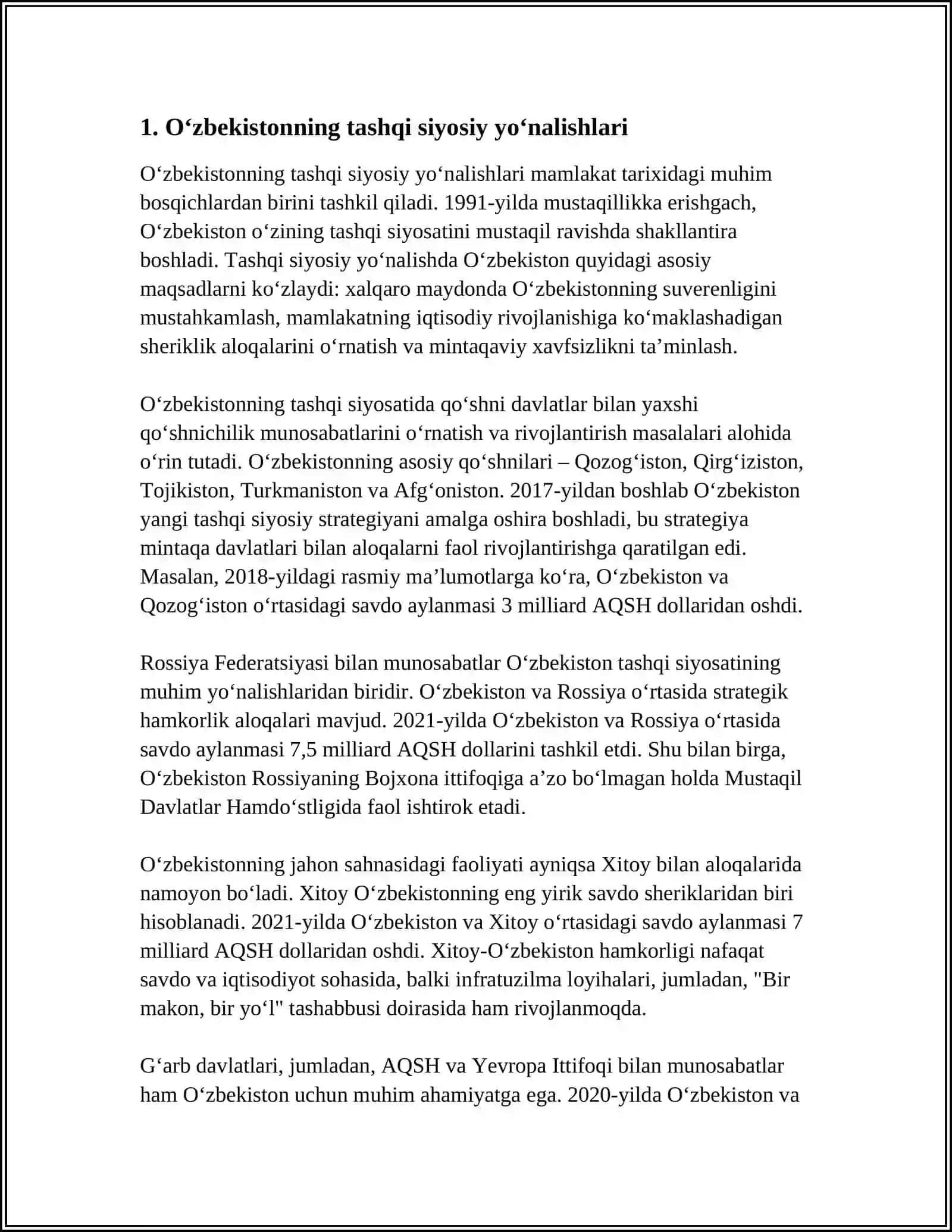 OʻZBEKISTONNING TASHQI SIYOSATI VA JAHON HAMJAMIYATIGA QOʻSHILISH 3