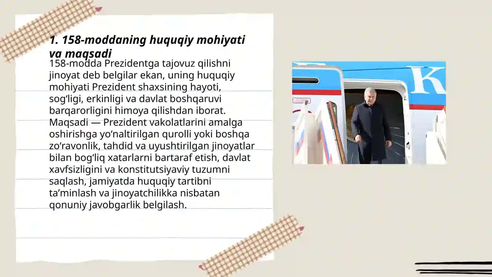 O'zbekiston Respublikasi Prezidentiga tajovuz qilish (jinoyat kodeksi 158- modda) 3