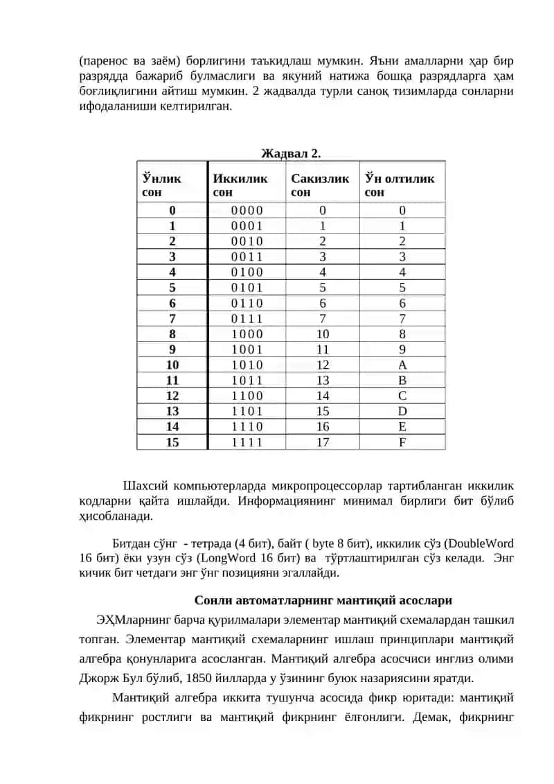 Raqamli qurilmalarda qo‘llaniladigan sanoq tizimlari. Sanoq tizimlarda foydalanidigan kodlarlarni bir turdan boshkasiga o‘tkazish 3
