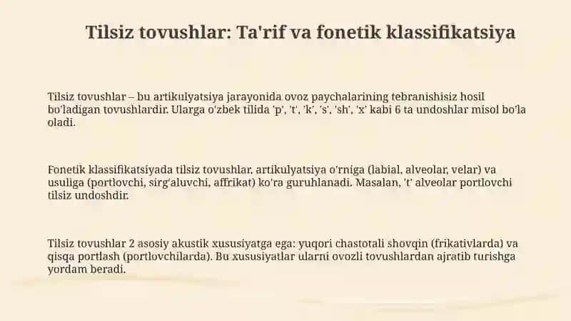 Tilsiz tovushlar: Ta'rif va fonetik klassifikatsiya 3