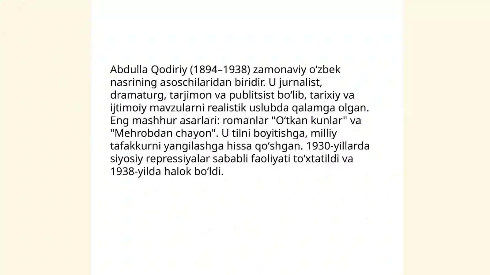 Abdulla Qodiriyning Mehrobdan Chayon asari haqida taqdimot 3