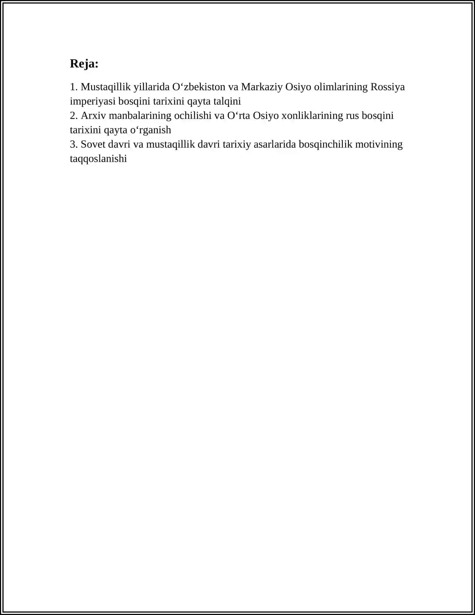 MUSTAQILLIK YILLARIDA AMALGA OSHIRILGAN ILMIY TADQIQOTLAR VA TARIX ASARLARIDA O‘RTA OSIYO XONLIKLARING ROSSIYA IMPERIYASI TOMONIDAN BOSIB OLINISHI TARIXINING YORITILISHI 3