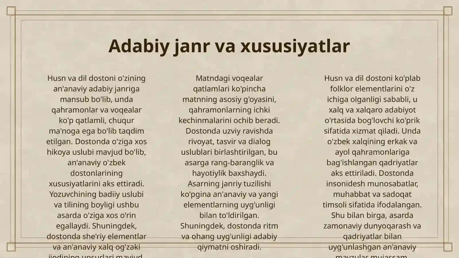 "HUSN VA DIL" DOSTONINI MAVZUIY TASNIF QILISH 3
