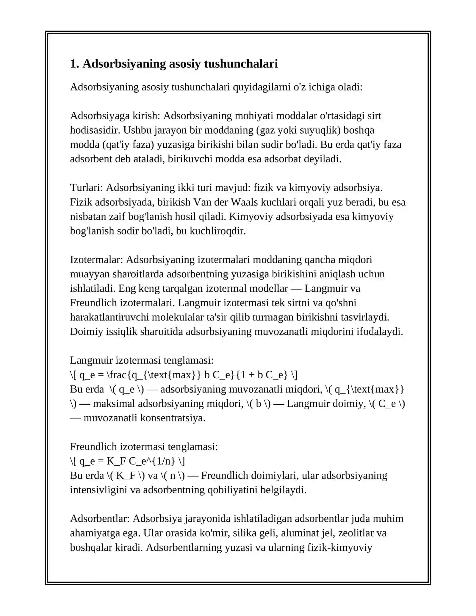 ADSORBSIYA.ADDRSORBSIYA USULIDA MODDALARNING ADSORBENT SIRTIDA YUTILISH DARAJALARINI OʻRGANISH.KIMYOVIY REAKSIYALARNING TEZLIGIGA TAʼSIR ETUVCHI OMILLAR 3