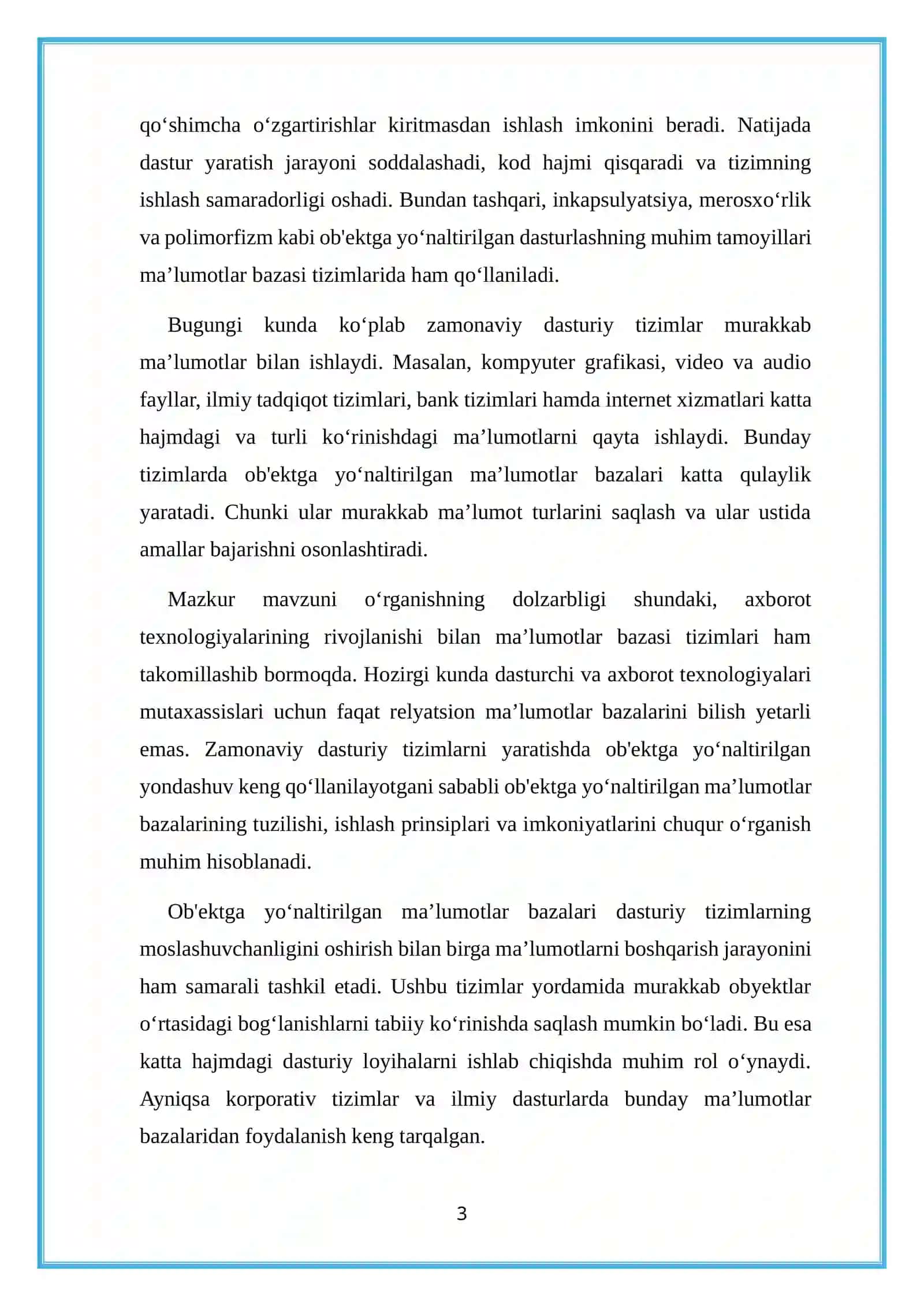 Ob‘ektga yo‘naltirilgan ma’lumotlar bazasini tahlil qilish va o‘rganish. 3