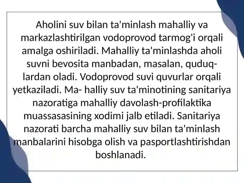 Mahalliy va markazlashgan suv ta'minoti haqida tushuncha, ularning gigienik ahamiyati 3