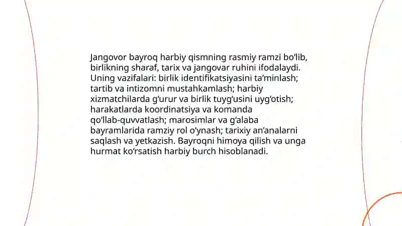 “Harbiy qism jangovor bayrog”ining safdagi holat, uni olib chiqish va eltib qoyish tartibi 3