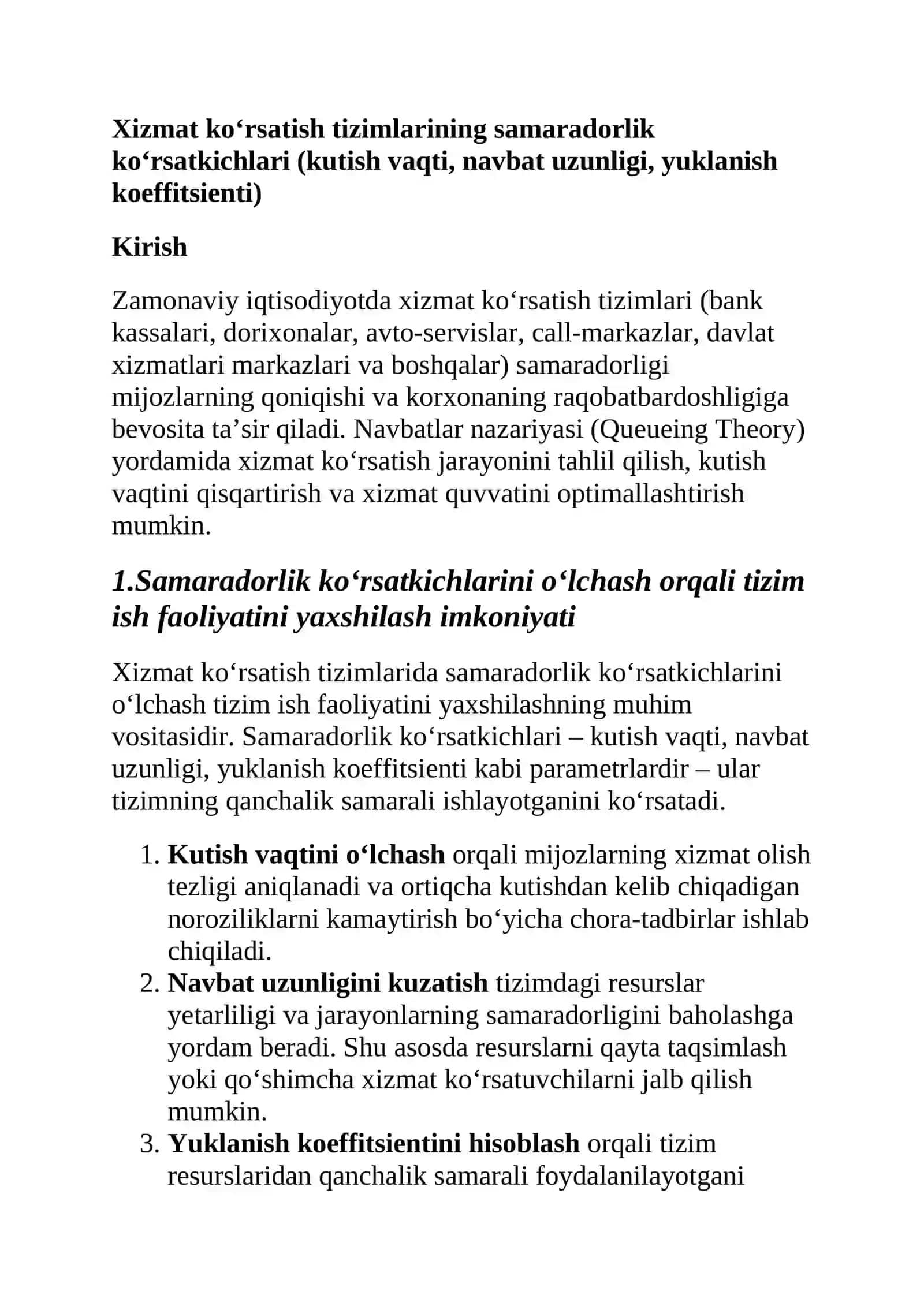 Xizmat ko‘rsatish tizimlarining samaradorlik ko‘rsatkichlari 3