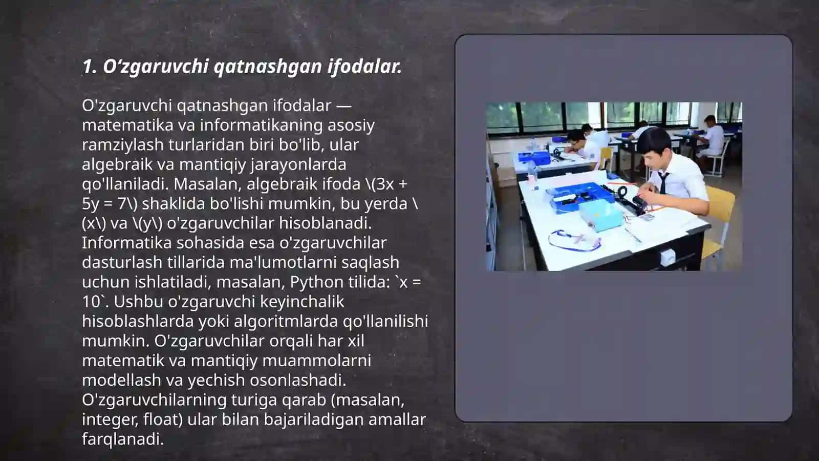 Oʻzgaruvchi qatnashgan ifoda. Tenglik va tengsizlik. Sonli tenglik, tengsizlik va uni yechishga oʻrgatish metodikasi 3