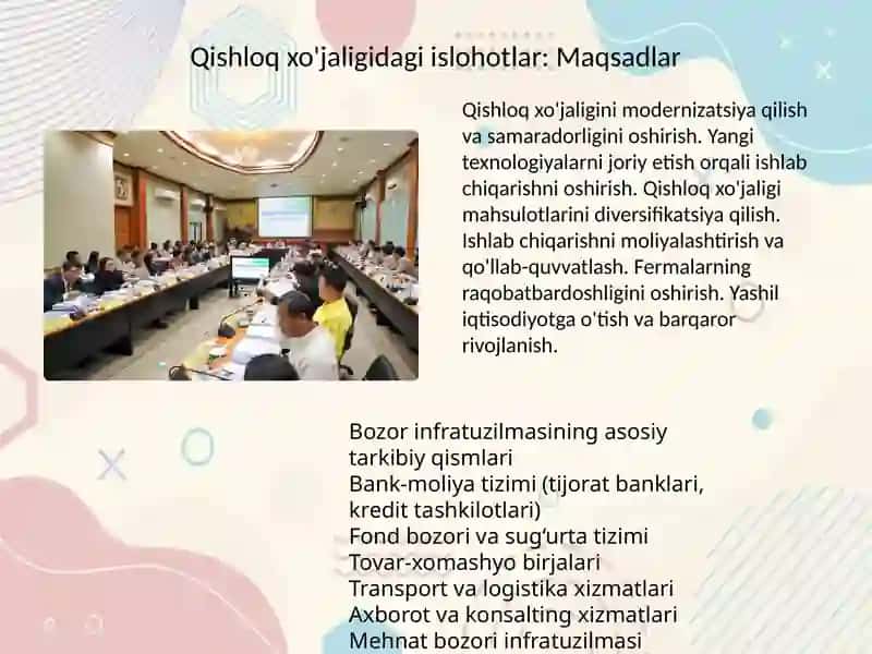 O’zbekistonda bozor infratuzilmasining shakllanishi, qishloq xo’jaligidagi islohotlar, uning vazifalari va yo’nalishlari 3
