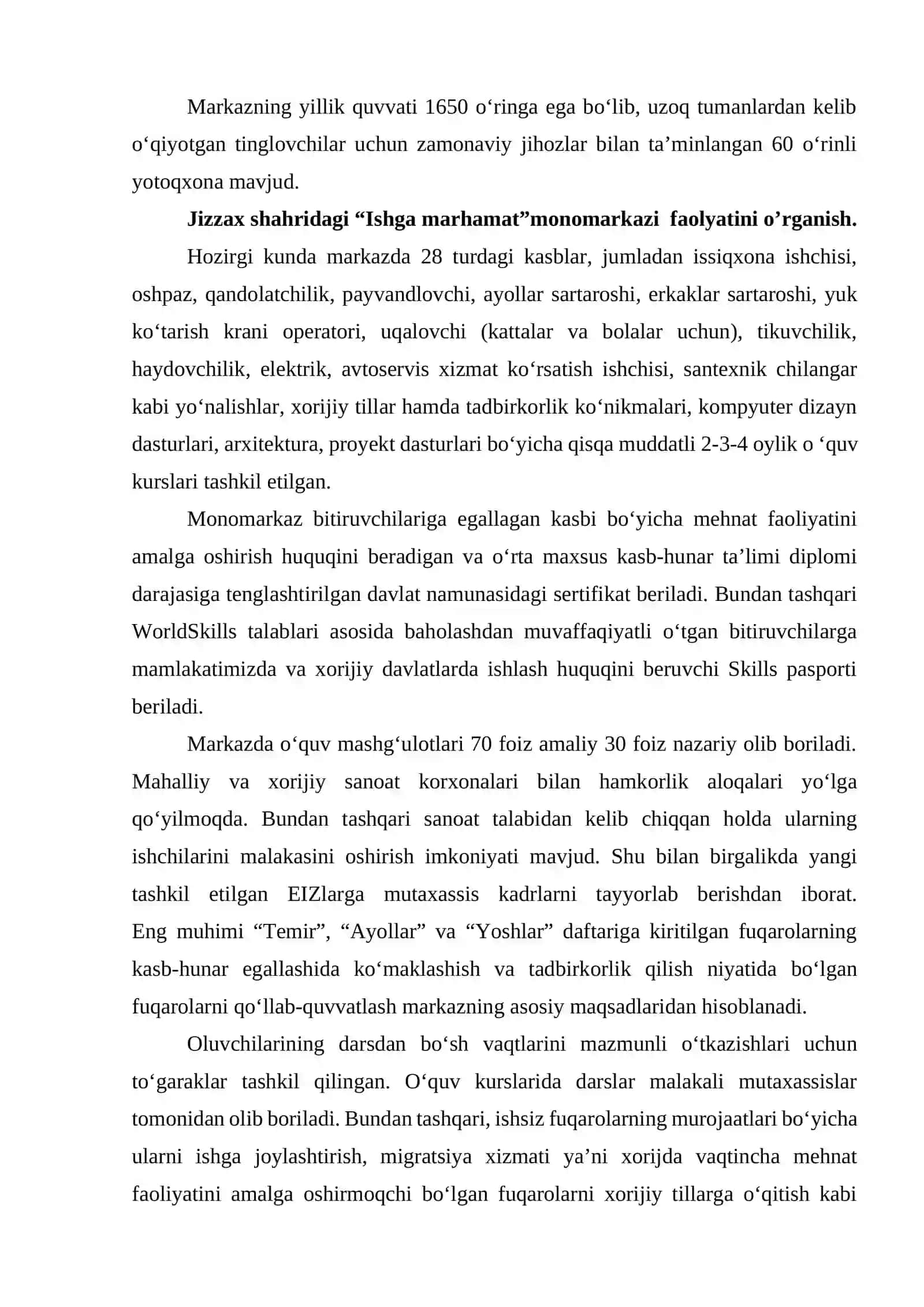 Jizzax shahridagi “Ishga marhamat”monomarkazi faolyati tahlili 3