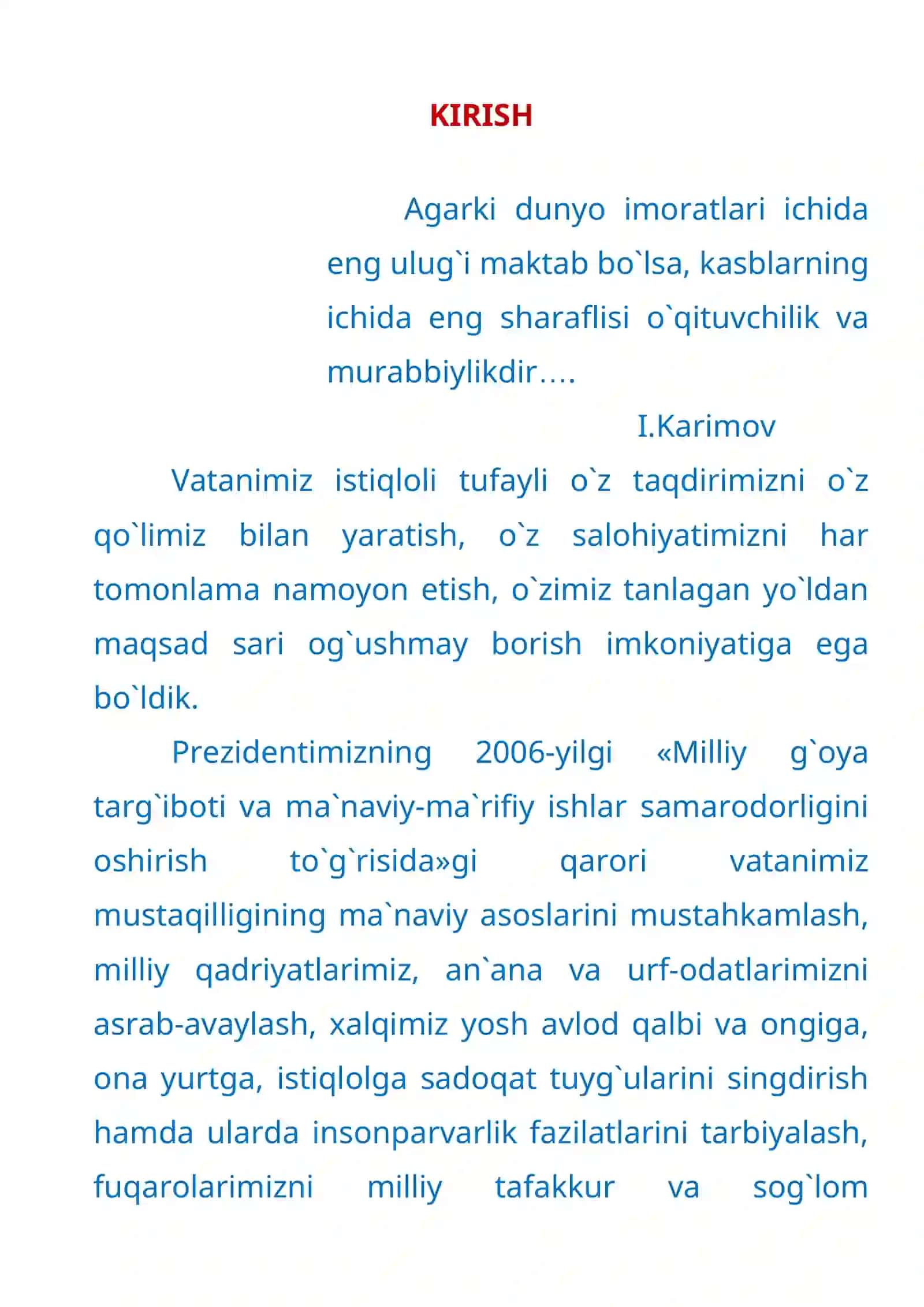 “DARS MUQADDAS”, “O’RGAN-O’RGAT” tavsiyalari asosida o’qish fanidan yozgan bir soatlik 3