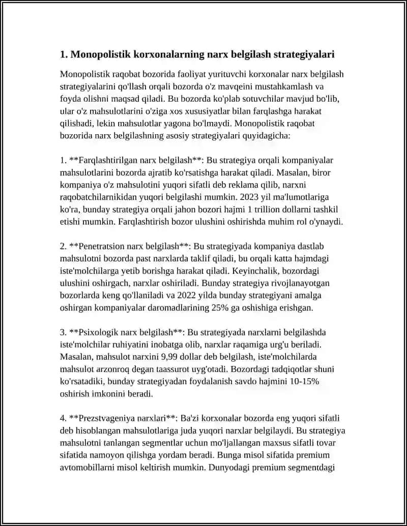 MONOPOLISTIK KORXONANING NARX SIYOSATI VA FOYDASINI MAKSIMALLASHTIRISH 3