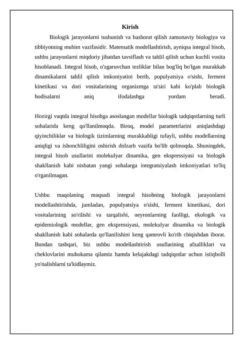 Biologik jarayonlarni modellashtirishda integral hison tatbiqlari 3