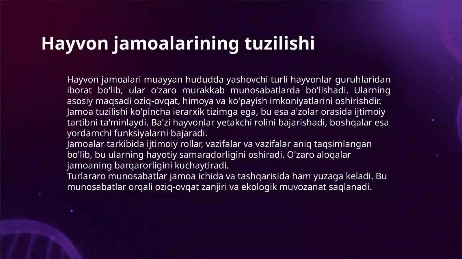 HAYVONLAR JAMOALARINING O'ZARO MUNOSABATI. TURLARARO MUNOSABATLAR VA ULARNING ETOLOGIYASI.YIRTQICH O'LJA PARAZIT XO'JAYIN RAQOBAT MUNOSABATLARI 3