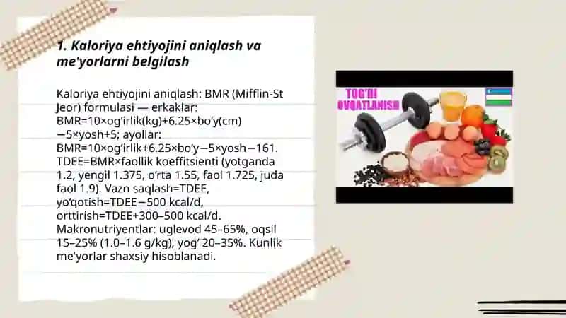 Tana vaznini me yorida saqlash. To g' ri va balansli ovqat lanish bo"yicha ko'rsatmalar tuzish 3
