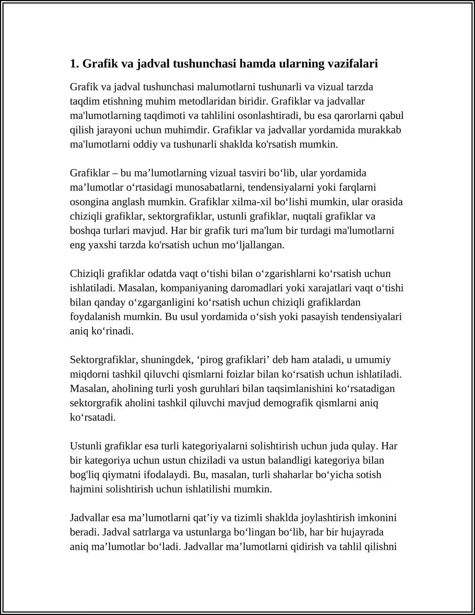MALUMOTLAR VA TAHLIL NATIJALARNI GRAFIK HAMDA JADVAL USULDA TAQDIM ETISH 3