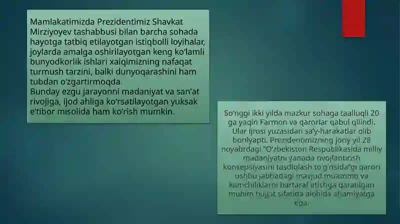 Taqdimoti: O’zbekistonda madaniyat va san’at sohasi boshqaruvining taraqqiyoti 3