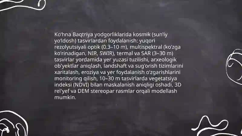Koʻhna Baqtriya madaniyati arxeologik topilmalarda. Zamonamiz arxeologiyasida zamonaviy texnologiyalarning qoʻllanishi 3