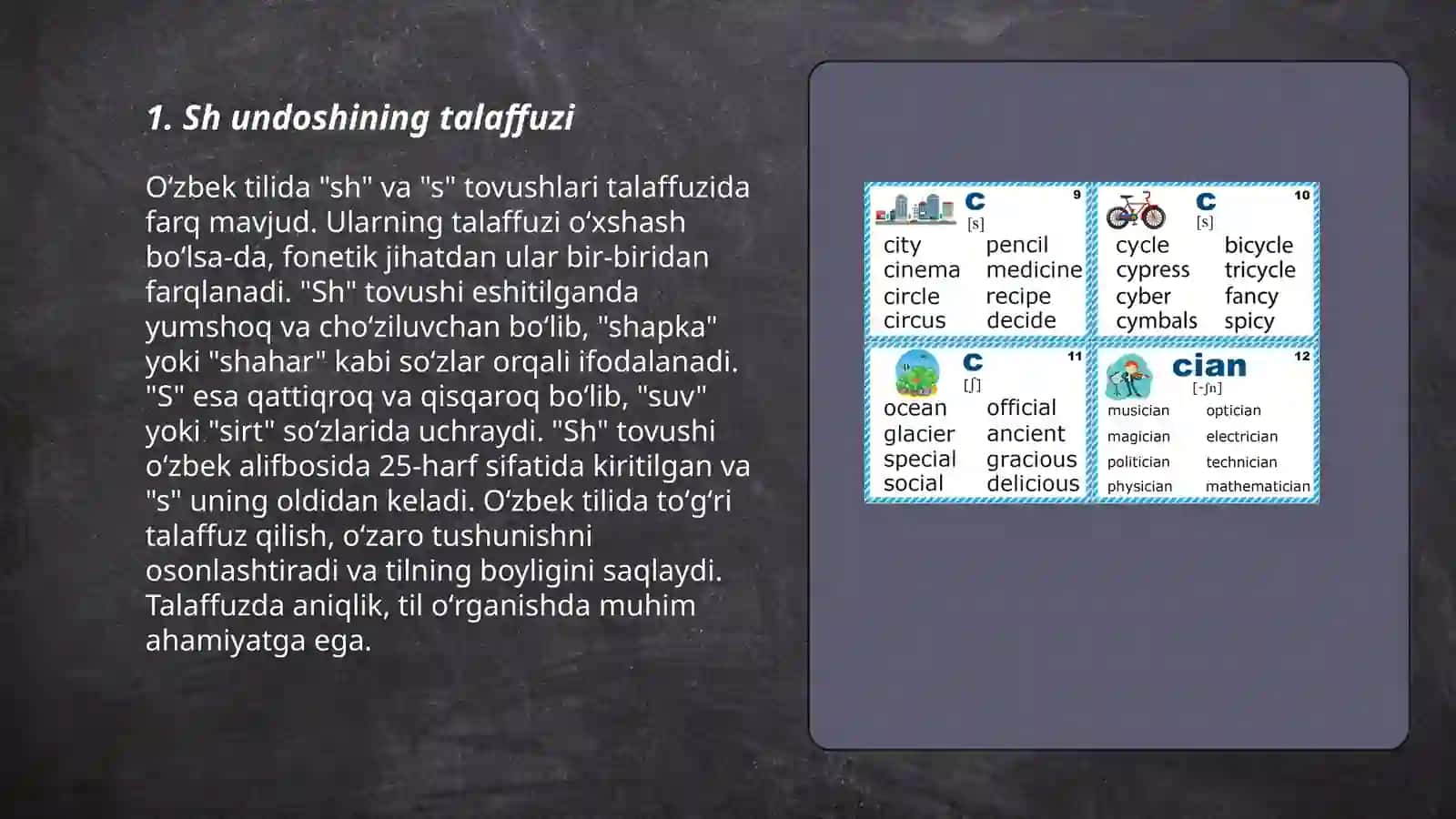 Harf birikmalari bilan ifodalanadigan undoshlar (Sh, Ch, Ng) 3