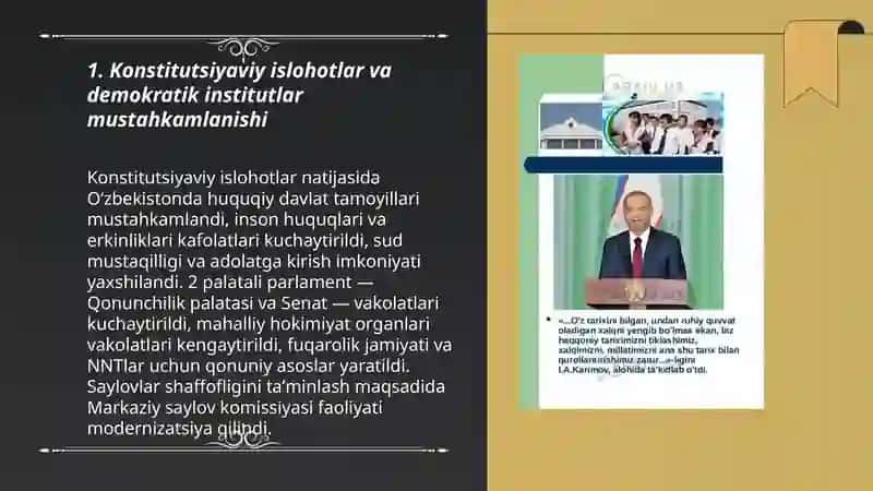Oʻzbekistonda demokratik fuqarolik jamiyati asoslarining shakillanishi amalga oshirilgan siyosiy islohatlar 3