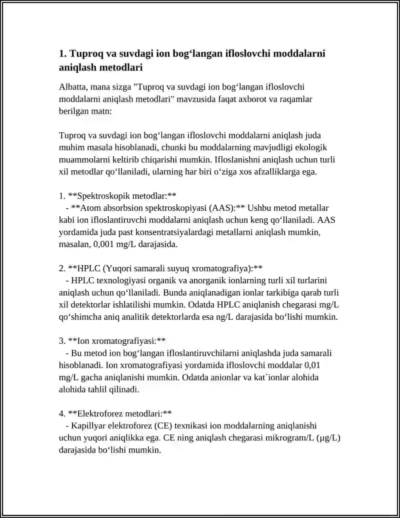 Tuproq va suvdagi ion bog'langan ifloslovchi moddalarni aniqlash metodlari 3