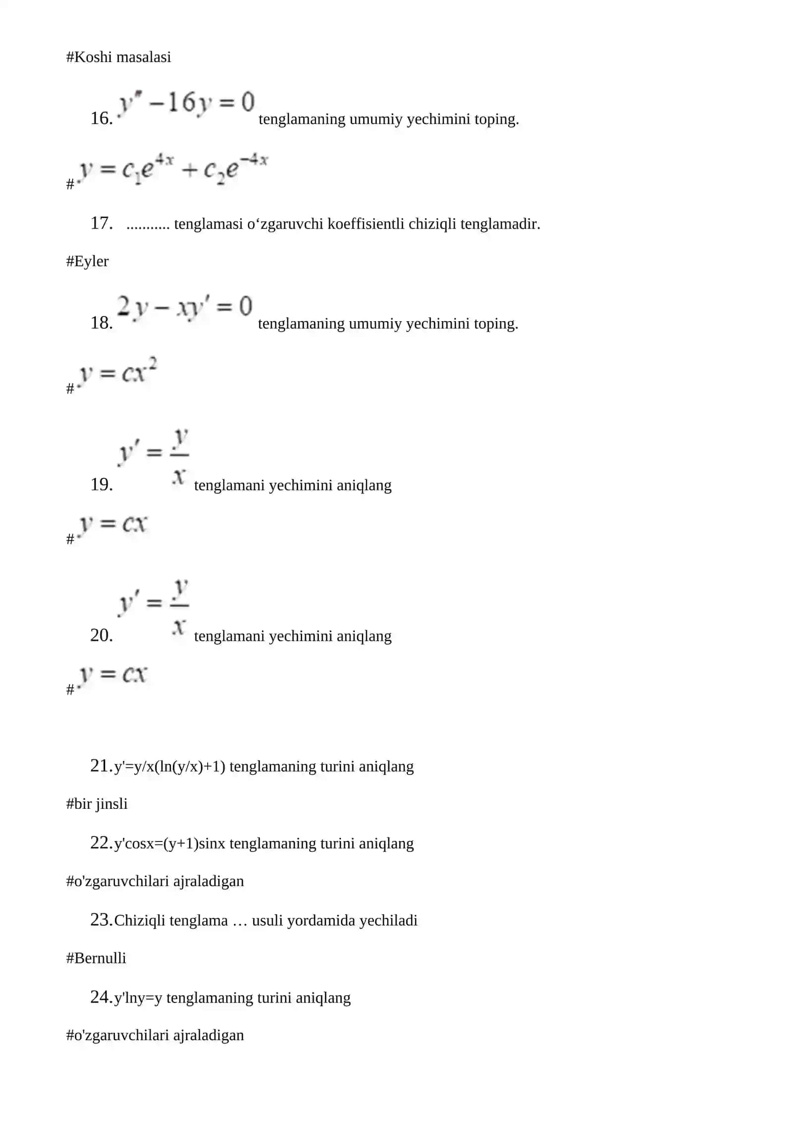 y'-y/x=x+1 tenglamaning turini aniqlang 3