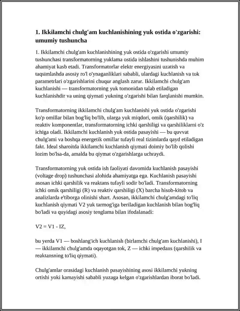 TRANSFORMATORNING YUKLAMA OSTIDA ISHLASHI DA IKKILAMCHI CHULG'AM KUCHLANISHINING O'ZGARISHI 3
