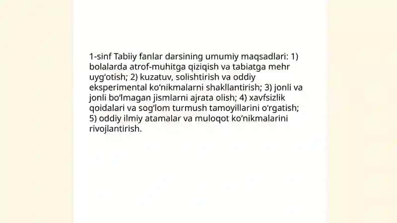 1-sinf "Tabiiy fanlar" darsining umumiy maqsadlari 3