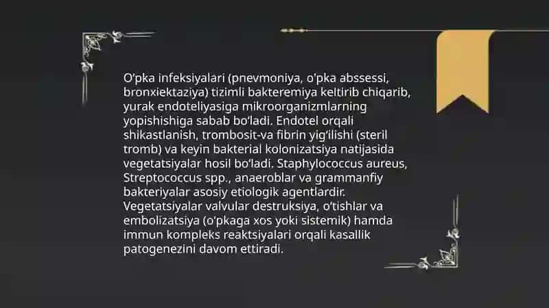 Oʻpka kasalliklardan kelib chiqadigan yurak kasaliklari infeksion endo kardit 3