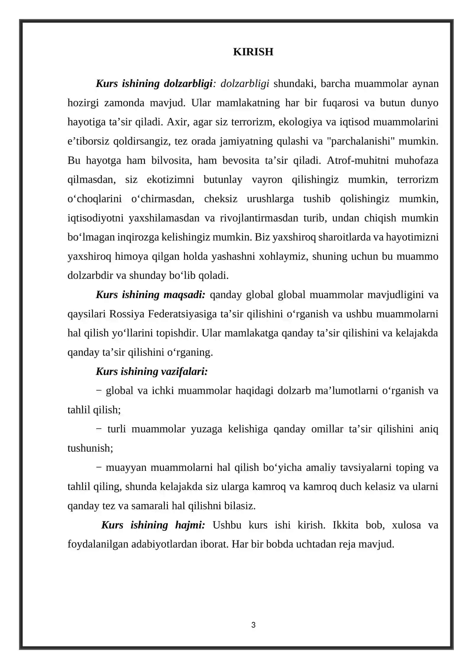 Ekologik muammolar. KURS ISHI 3