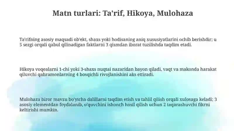 Ta'rif, Hikoya va Mulohaza: Asosiy Tushunchalar va Xususiyatlar 3