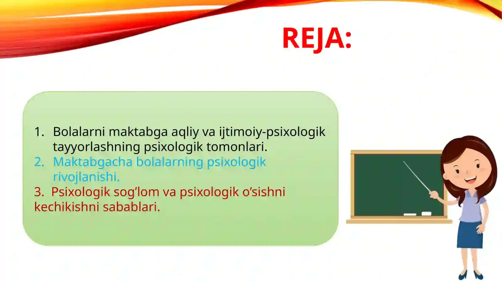 Bolalarning maktab ta’limiga yetukligining me’zonlari. Maktabgacha yosh bolalarning psixik rivojlanishidagi vaziyatlar, psixologik sog’lom va psixologik o’sishni kechikishni sabablari. 3