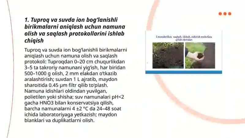 Tuproq va suvning ifloslanishida ion bogʻlanishli birikmalarni aniqlab ulardan tozalash usulini ishlab chiqish 3