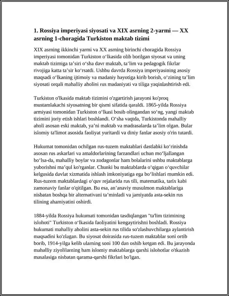 XIX ASRNING 2- YARMI XX ASRNING 1- CHORAGIDA TURKISTON OʻLKASIDA TARBIYA, MAKTAB VA PEDAGOGIK FIKRLAR RIVOJI 3