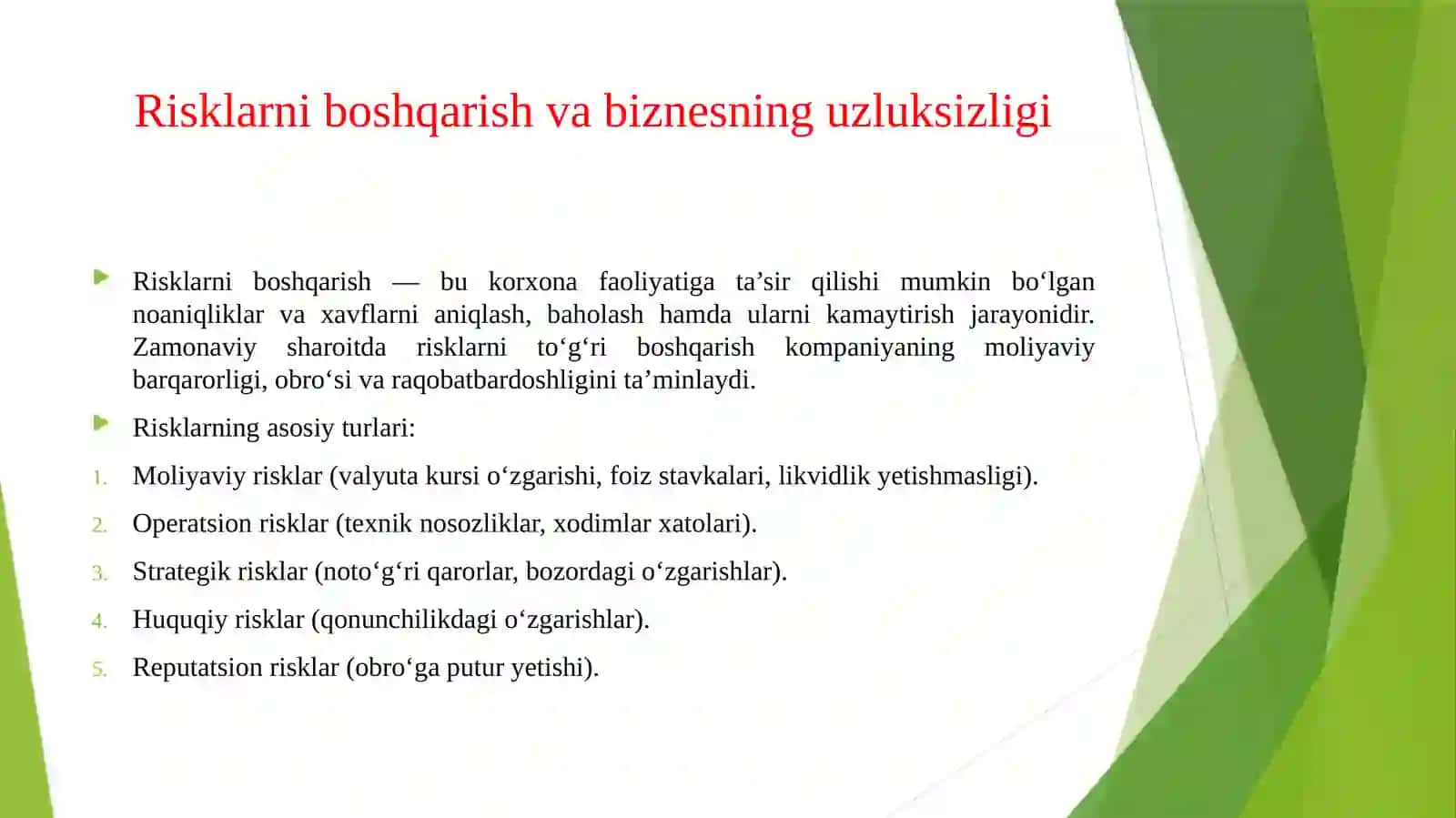 RISKLARNI BOSHQARISH VA BIZNESNING UZLUKSIZLIGI.KORPORATIV IJTIMOIY MAS'ULIYAT VA BARQARORLIK 3